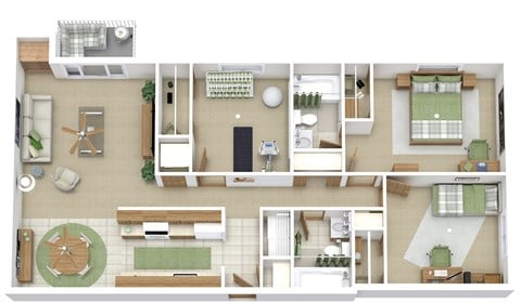 Floor plan for 3 beds, 2 baths, 1160 sqft